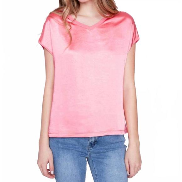 NEW CHARLIE B satin knit combo v-neck top in pink - Picture 1 of 3